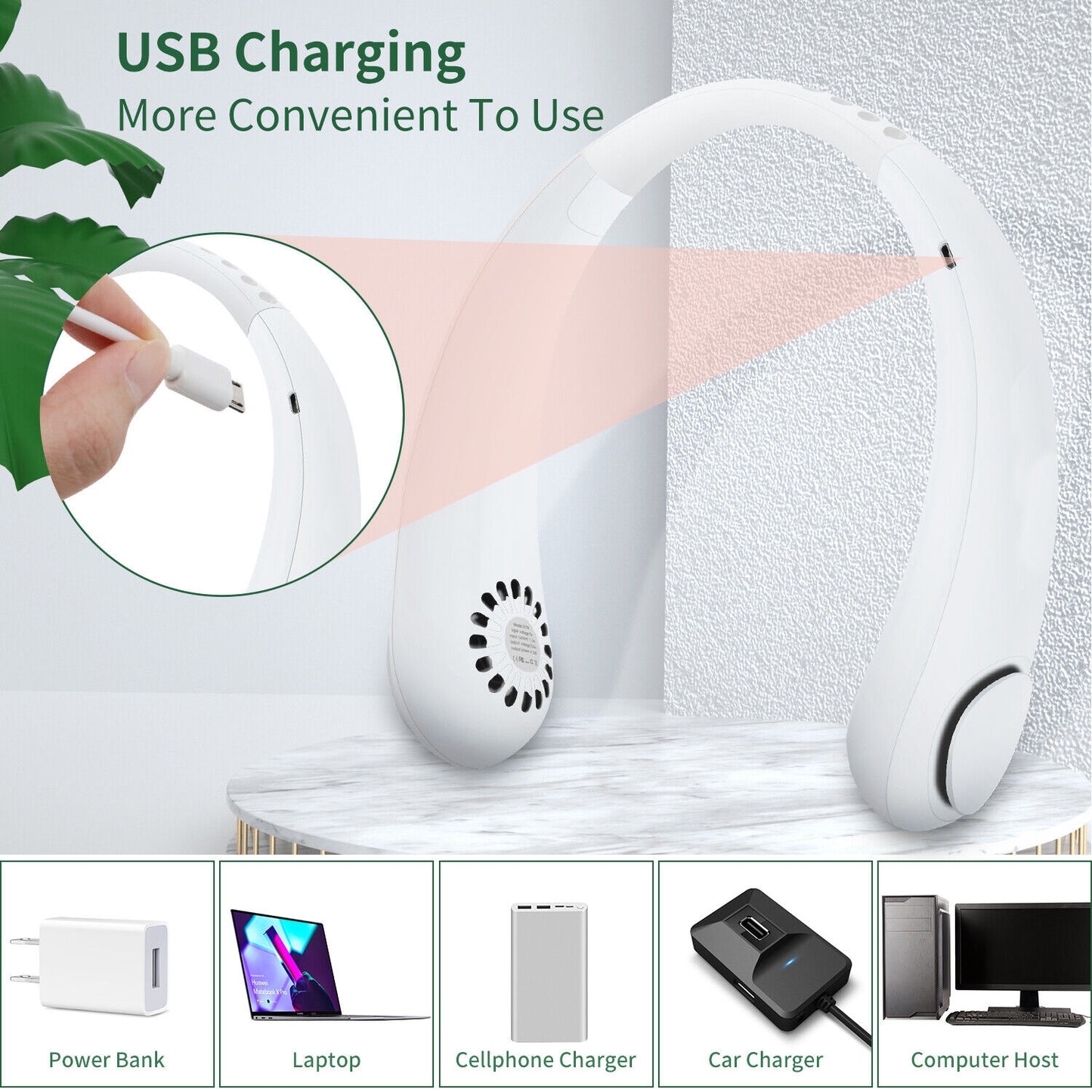Hanging Neck Fan Portable Cooling Fan USB Leafless 360 Degree